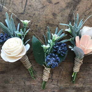 Belle Sola wood flower boutonniere, Dusty blue boutonniere, pin on eco flower, grooms lapel flower, wood wedding flowers slate blue, peach image 2