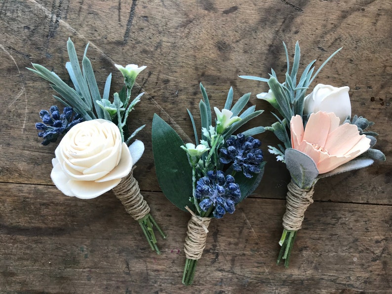 Belle Sola wood flower boutonniere, Dusty blue boutonniere, pin on eco flower, grooms lapel flower, wood wedding flowers slate blue, peach image 2