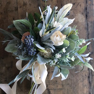 Belle Wooden flower bouquet, slate blue and peach, boho wedding bouquet, ivory and dusty blue, Sola wood flowers, peony and rose image 6