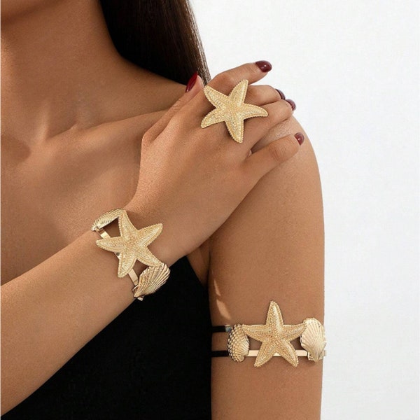 Ocean Style Starfish Shell Double Layers Hollowed Out Hand Jewelry ,Ring Bracelet Armband Set,Anniversary Gift,Wife Gift,Mother's Day Gift