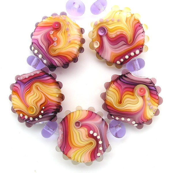 Michal S Rainbow Lampwork 5 lentil bead set Pink Purple Yellow