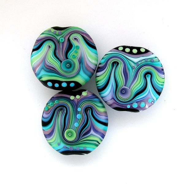 Glass Art purple green Lampwork lentil bead set (3). Ready to ship by Michal S