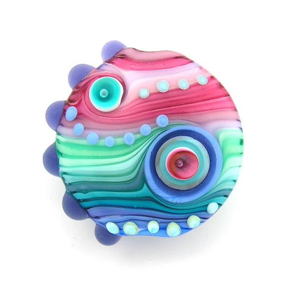 Michal S Handmade Lampwork glass lentil focal bead Pink Aqua