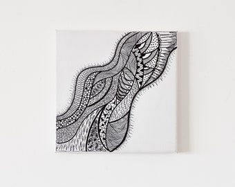 Modern B&W Canvas Drawing - Wave Patterns - Black And White Art For Living Room, Bedroom, Decorative Object For House Design