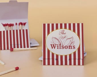 Red Stripe Swan Wedding Matchbooks, Personalized Wedding Favor Matchboxes, Vintage Romantic Reception Keepsake