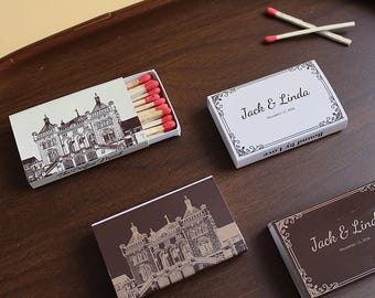 Vintage Hand-Drawn Building Matchbox Favors, Personalized Wedding Matchboxes, Custom Venue Sketch Guest Gifts