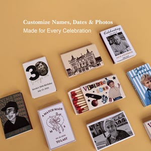 May include: A collection of rectangular matchboxes featuring custom printed designs, including black and white photographs, architectural illustrations, and text such as "Celebrating the Life of," "Kevin's 30th Birthday," and "A Match Made to Last."