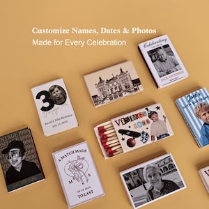 May include: A collection of rectangular matchboxes featuring custom printed designs, including black and white photographs, architectural illustrations, and text such as "Celebrating the Life of," "Kevin's 30th Birthday," and "A Match Made to Last."