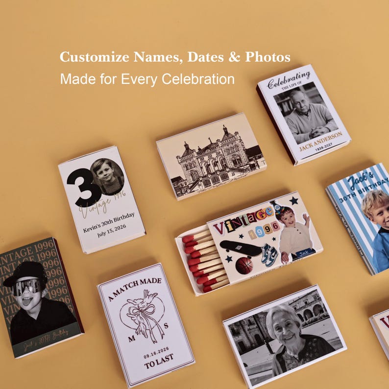 May include: A collection of rectangular matchboxes featuring custom printed designs, including black and white photographs, architectural illustrations, and text such as "Celebrating the Life of," "Kevin's 30th Birthday," and "A Match Made to Last."