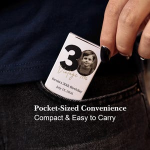 May include: A rectangular white pocket-sized card featuring a large black number 30, a circular black and white photograph of a young boy, and the text Vintage 1996, Kevin's 30th Birthday, and July 15, 2026, printed in black and gold script.