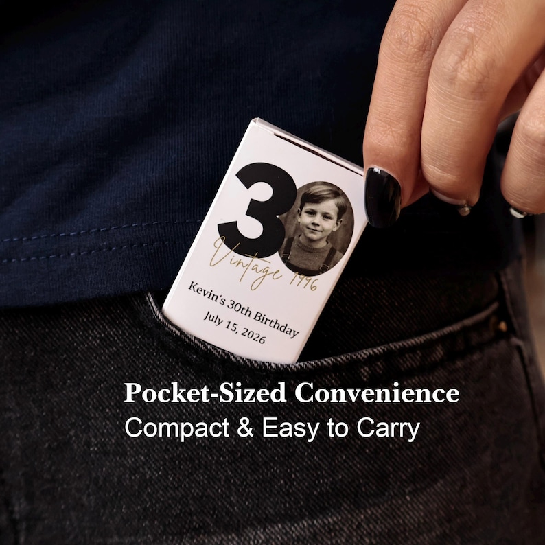 May include: A rectangular white pocket-sized card featuring a large black number 30, a circular black and white photograph of a young boy, and the text Vintage 1996, Kevin's 30th Birthday, and July 15, 2026, printed in black and gold script.
