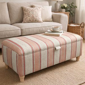 Handmade Striped Ottoman Footstool: Linwood Dimity Wavy Cotton Fabric, Wooden Legs, Interior Storage
