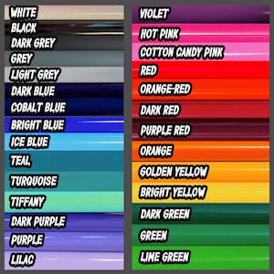 May include: A color chart displaying a variety of hues, including white, black, gray, blue, purple, and green. Each color is labeled with its name in bold, white text. The chart is divided into two columns, showcasing a wide spectrum of shades.