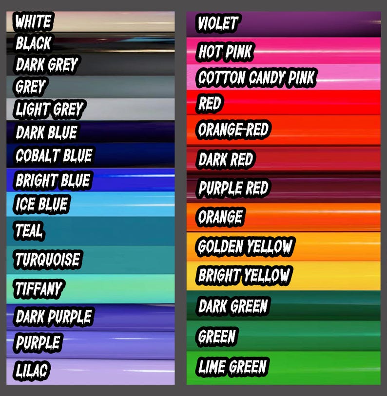 May include: A color chart displaying a variety of hues, including white, black, gray, blue, purple, and green. Each color is labeled with its name in bold, white text. The chart is divided into two columns, showcasing a wide spectrum of shades.