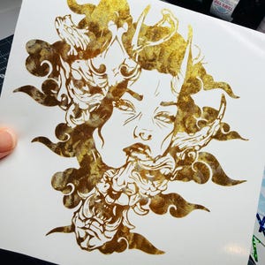 Japanese Oni Mask Vinyl Decal-Split Mask Girl- Clouds- Horns – Car, Laptop, Water Bottle