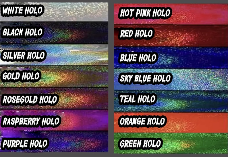 May include: A collection of holographic vinyl sheets in various colors. The colors include white, black, silver, gold, rose gold, raspberry, purple, hot pink, red, blue, sky blue, teal, orange, and green. Each sheet has a shimmering, reflective surface.