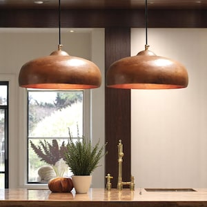 Set of 2 Rustic Copper Dome Pendant Lights: Farmhouse Kitchen Lighting