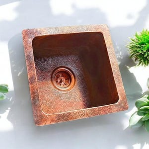 Solid Copper Hammered Sink – Square Kitchen Bar Sink, Copper Island Sink, Antique Brass Undermount Sink, Handmade Copper Sink