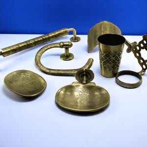 Antikes Messing Badezimmer Zubehör Set - Seifenschale, Getränkehalter, Handtuchring, Zahnbürstenhalter