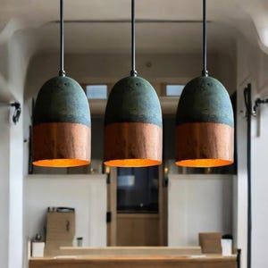 Set of 3 Green Patina Farmhouse Light Fixtures – Oxidized Handmade Copper Pendant Lights, Rustic Dome Ceiling Lamps for Kitchen & Dining