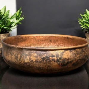 Handcrafted Copper Bathroom Sink – Dark Brown Patina Hammered Copper Vessel Sink with Drain, Round Copper Sink for Bathroom or Bar