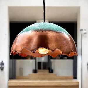 Handmade Copper Pendant Light: Rustic Patina Dome, Industrial Decor