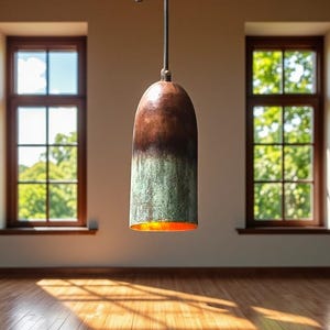 Handmade Oxidized Copper Pendant Light: Green Patina Farmhouse Fixture