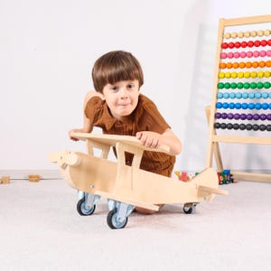 Children&#39;s Airplane Wooden Ride-On Toy Toddler Activity Plane Push Toy Montessori Wooden Vehicle for Kids Fun First Ride for Boys & Girls