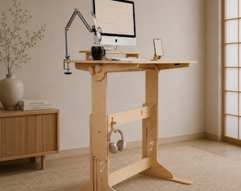 Computer Desk, Plywood Standing Desk, Natural Wood, Office Gift
