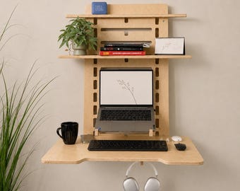 Biurko montowane na ścianie, drewniane biurko pod laptopa, prezent oszczędzający miejsce