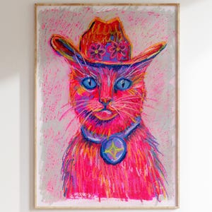 Stampa di un gatto da cowboy – Arte murale western massimalista, decorazione di dopamina, dipinto di un gatto funky del sud-ovest, poster in stile Matisse rosa chiaro eccentrico in regalo