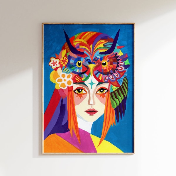 Maximalist Owl Woman Portrait, Inspired by Matisse, vibrant boho art, Acrylic Painting by K.Renkiewicz I Fine Art Print