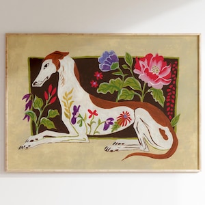 Grande arte murale Arte murale Greyhound massimalista Stampe d'arte vintage Dipinto di cani Art Nouveau Cottage Core Dark Academia Decorazione murale floreale Regalo