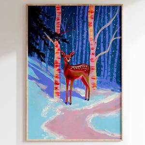 Impressão de arte festiva de cervos: ilustração de fulvo pintura de inverno, casa de campo decoração de natal renas arte de parede feriado pôster de natal por K. Renkiewicz