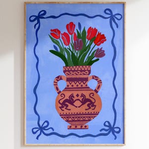 Arte de pared con jarrón decorativo, colores de dopamina, póster griego antiguo, arte floral inspirado en Matisse, impresión de naturaleza muerta con tulipanes, póster botánico moderno