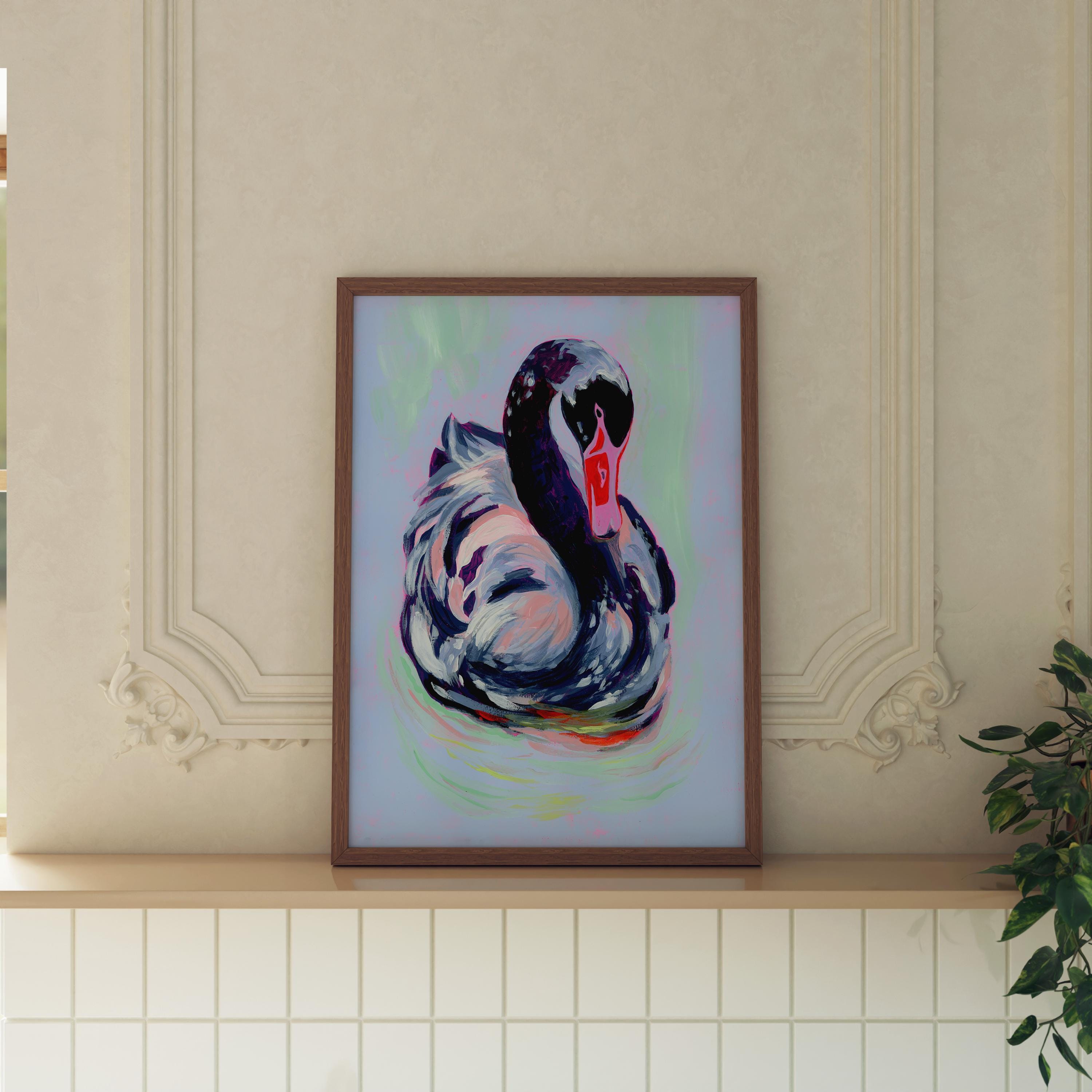 Swan Maximalist Wall Art Print Dopamine Decor Colorful Funky Boho Artwork For Living Room New Home Gift Bathroom Prints Swan Lake
