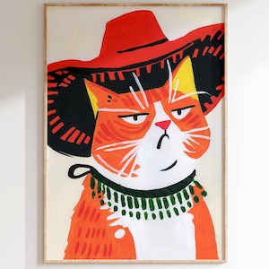 Arte murale del sud-ovest Decorazione massimalista Decorazione dopamina Arte murale alla moda Stampa di gatti da cowboy Decorazione estetica per la stanza Arte murale eccentrica Decorazione per appartamento