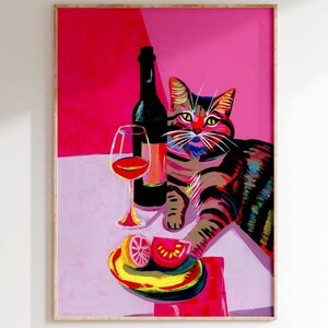 ワイン猫のポスター、ワインを飲む猫のアートプリント、ワイン猫のアートプリント、国際猫の日、赤ワインを持つ猫、ワイン猫のイラスト マティス