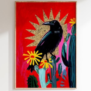 Rabe Poster Kunst, Dopamin Dekor, Vintage Wild West Print, Southwestern Wandkunst, Kaktus Wüste Poster, Gothic Rabe Kunst, Kräftiges Farben Geschenk