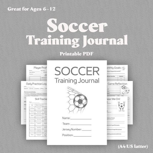 Kids Soccer Training Journal – Practice Log, Ages 6-12 (Printable PDF)