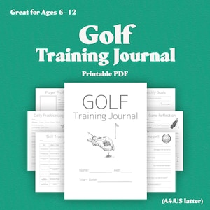 Puede incluir: Un diario de entrenamiento de golf blanco con una ilustración de golf dibujada a mano y el texto "Golf Training Journal Printable PDF". El diario está diseñado para edades de 6 a 12 años e incluye secciones para perfiles de jugadores, registros de práctica diaria y seguimiento de habilidades.
