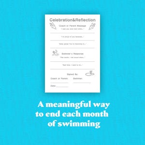 Puede incluir: Un papel blanco con el t&iacute;tulo "Celebration & Reflection" y preguntas para la respuesta de un nadador y el mensaje de un entrenador. El texto "Una forma significativa de terminar cada mes de nataci&oacute;n" est&aacute; en la parte inferior.