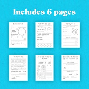 Puede incluir: Un conjunto de seis p&aacute;ginas blancas con texto negro sobre un fondo azul. Las p&aacute;ginas incluyen secciones para perfiles de nadadores, registros de pr&aacute;ctica diaria, objetivos mensuales, rastreadores de brazadas, rastreadores de velocidad y reflexiones de celebraci&oacute;n. El texto "Includes 6 pages" est&aacute; en la parte superior.