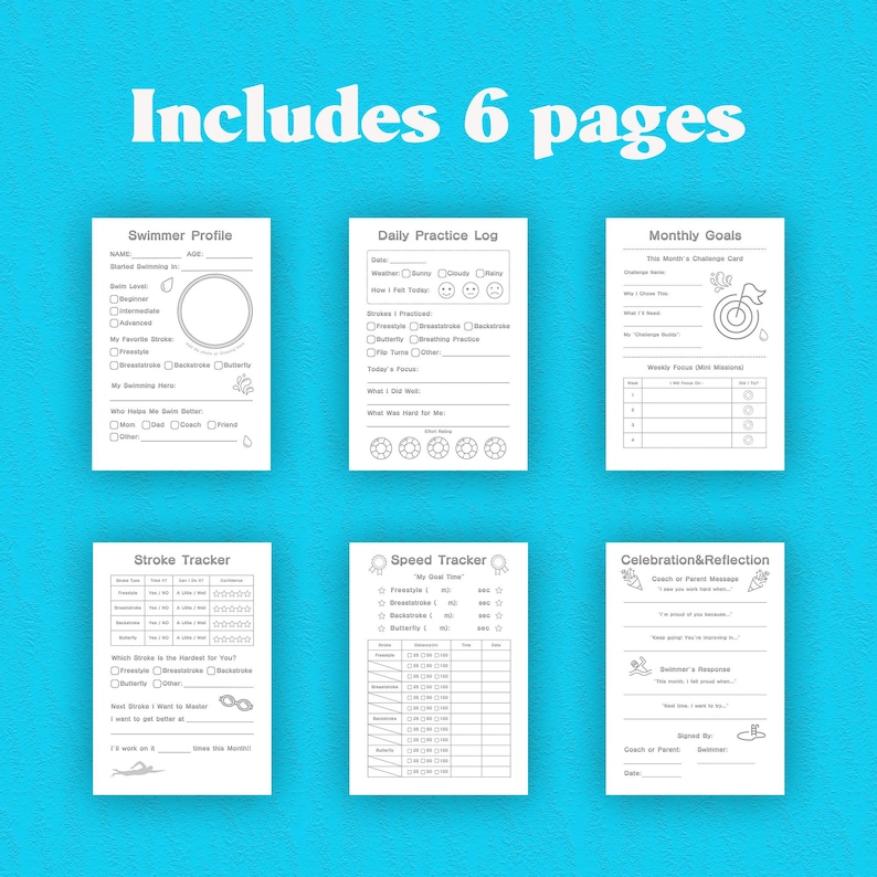 Puede incluir: Un conjunto de seis p&aacute;ginas blancas con texto negro sobre un fondo azul. Las p&aacute;ginas incluyen secciones para perfiles de nadadores, registros de pr&aacute;ctica diaria, objetivos mensuales, rastreadores de brazadas, rastreadores de velocidad y reflexiones de celebraci&oacute;n. El texto "Includes 6 pages" est&aacute; en la parte superior.
