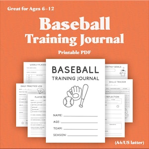 Op de afbeelding: Oranje achtergrond met de tekst "Great for Ages 6-12" en "Baseball Training Journal". De afbeelding toont een afdrukbaar PDF honkbal trainingsdagboek met secties voor wekelijkse planning, dagelijkse oefenlogboeken en maandelijkse doelen.