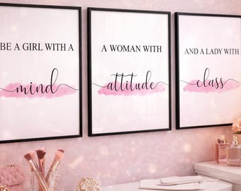Girl Woman Lady Wall Art Set of 3 – Fashion Typography Prints, Pink Quote Wall Decor for Girls Bedroom, Dressing Table Art, Home Decor