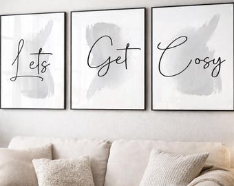 Let’s Get Cosy Wall Art Set of 3 | Modern Family Home Prints | Typography Prints | Living Room Bedroom Decor | Set of Three Prints
