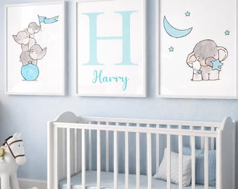 Personalised Boys Nursery Wall Art Set of 3 | Custom Name Prints | Elephant Nursery Decor | Baby Boy Bedroom Prints | Kids Room Art