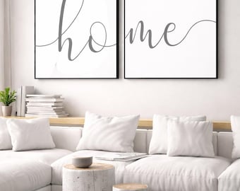 Set of 2 Home Typography Prints – Modern Minimal Wall Art – Neutral Living Room Decor – “Home” Script Prints – Framed Wall Art Set