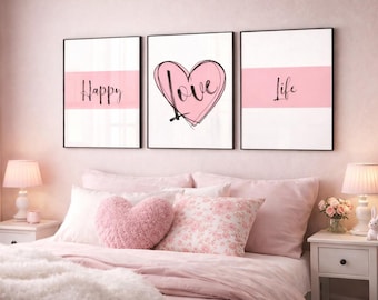 Happy Love Life – Set of 3 Minimalist Typography Prints | Modern Pink Wall Art | Positive Quote Prints for Living Room or Bedroom